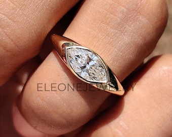 East West Ring, 1.5 CT Marquise Cut Moissanite Engagement Ring, 14K Solid Gold Bezel Ring, Pinky Ring, Promise Ring, Signet Ring For Her
