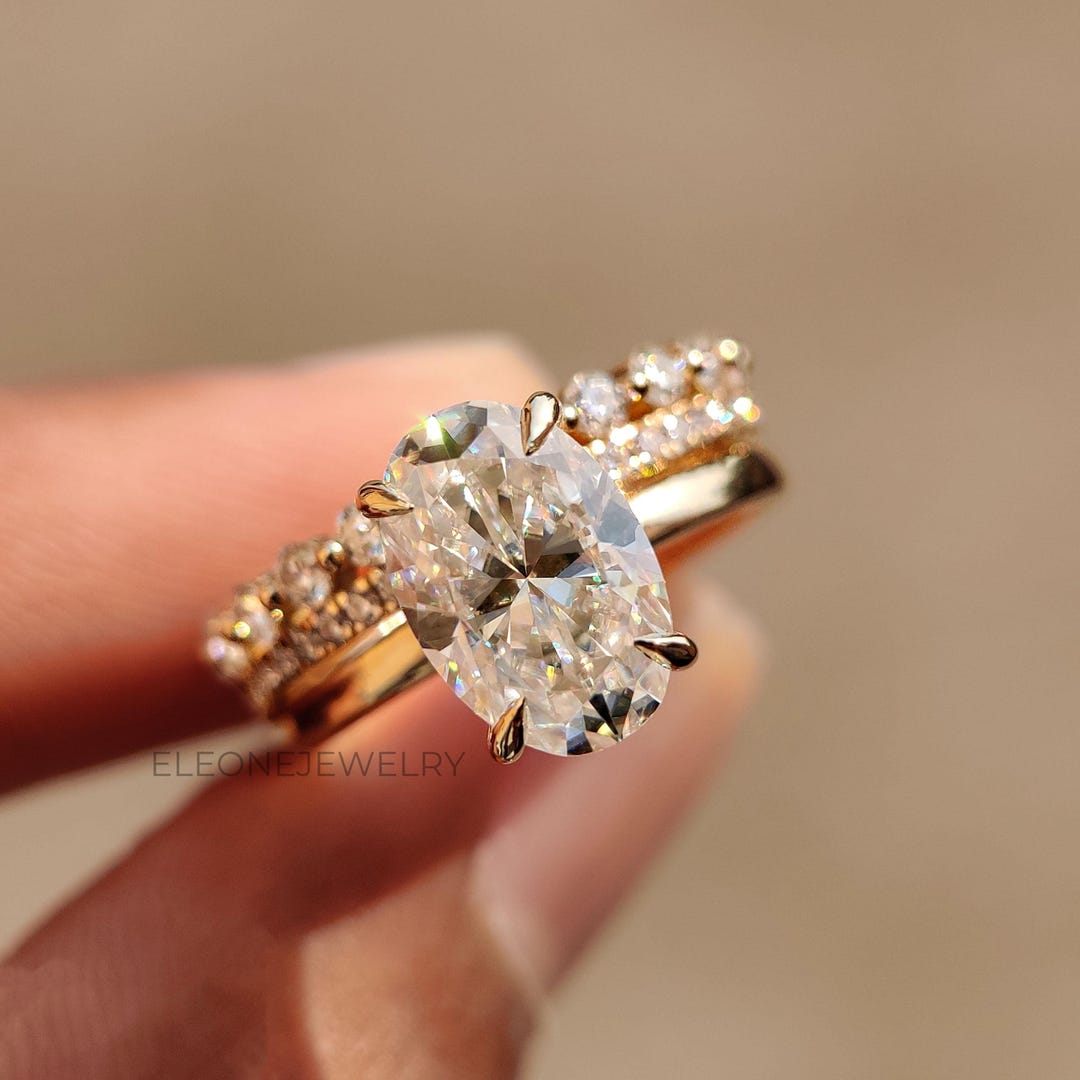 Oval Moissanite Engagement Ring Set, 14K Solid Gold Solitaire Ring, Two ...