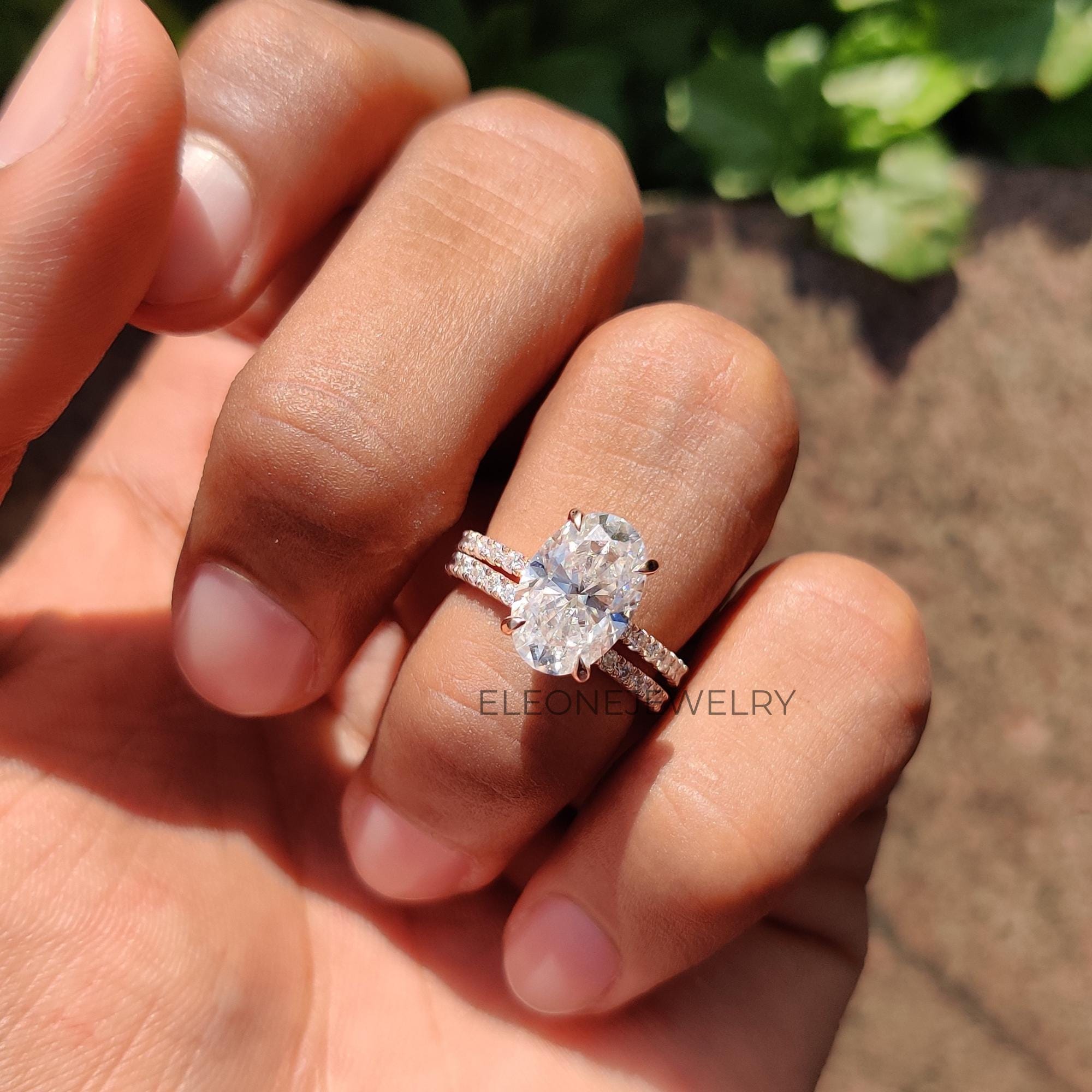 Oval Cut Moissanite Engagement Ring Set, 14K Solid Gold Ring Set ...
