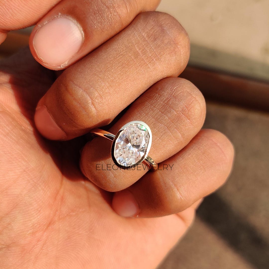 3 CT Oval Cut Moissanite Engagement Ring 14K Solid Gold Ring, Bezel ...