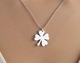 Shamrock Pendant Necklace 925 Sterling Silver | Four Leaf Clover Plain Silver Charm | Minimalist Everyday Lucky Jewelry Women