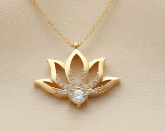 Diamond Lotus Pendant Necklace 925 Sterling Silver | Hindu Yoga Spiritual Gift for Her | Moissanite Lotus Flower Necklace Women