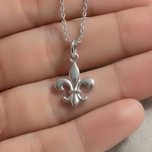 May include: A silver-colored pendant necklace featuring a fleur-de-lis design. The pendant is suspended from a delicate chain. The necklace is displayed on a light background with a hand holding the necklace.