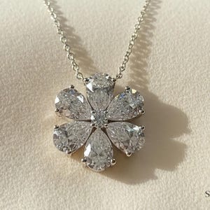 Diamond Bloom Pendant Necklace 925 Silver, Large Round Floral Cluster Solitaire, Luxury Anniversary Gift for Her Fine Jewelry