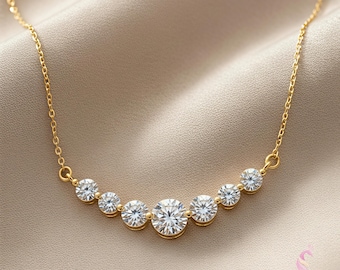Curved Lab Diamond Necklace | Sterling Silver Seven Stone Pendant | Graduated Moissanite Bar Necklace 925 SterlingSilver |  Anniversary Gift
