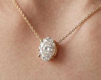 1–4 Ct Oval Lab Diamond Solitaire Necklace, IGI Certified, Solid Gold Floating Diamond Pendant, Dainty Anniversary Necklace for Women