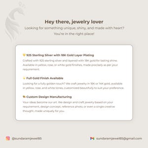 May include: A promotional image for jewelry, featuring text that reads "Hey there, jewelry lover" and details about 925 sterling silver with 18K gold plating, full gold finish, and custom design manufacturing. The image includes contact information.