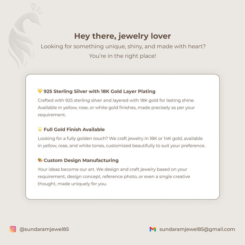 May include: A promotional image for jewelry, featuring text that reads "Hey there, jewelry lover" and details about 925 sterling silver with 18K gold plating, full gold finish, and custom design manufacturing. The image includes contact information.