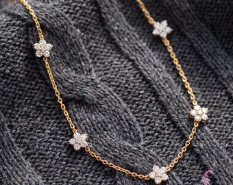 1.74 TCW Lab-Grown Diamond Flower Station Necklace, 14K Gold Floral Cluster Diamond Necklace, Dainty Wedding Bridal Necklace