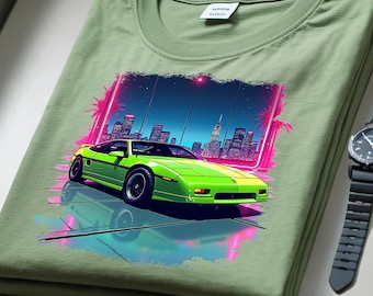 A custom bright green Fiero rendered in neon colors in fron of a city skyline at night. A Perfect gift for the Fiero enthisiast!