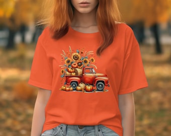 Höstlastbil-T-shirt, höstskörd, solros-T-shirt, pumpadesign, Thanksgiving-kläder, bondgårdslastbil-T-shirt, lantlig T-shirt, festlig T-shirt