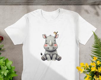Cute Cartoon Rhino with Bird, Adorable Wildlife Graphic T-Shirt, Playful Animal Design Tee for Kids and Adults, Fun Rhino and Bird Art