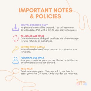 May include: A digital product information sheet with the title "IMPORTANT NOTES & POLICIES" in orange. The sheet includes details about digital product delivery, sales finality, Canva editing, personal use, and customer support. The Zippee & Co. logo is in the bottom right.