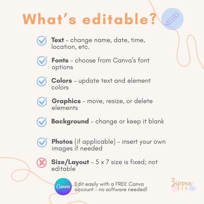 May include: A graphic with the text "What's editable?" lists editable features: text, fonts, colors, graphics, background, and photos. The size/layout is fixed. It mentions editing with a free Canva account.