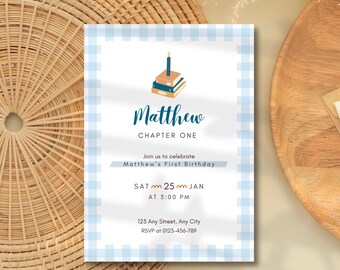 May include: A light blue and white gingham patterned invitation for a first birthday celebration. The invitation features the name "Matthew" in a script font, along with the date, time, and RSVP information. A stack of books with a candle is at the top.