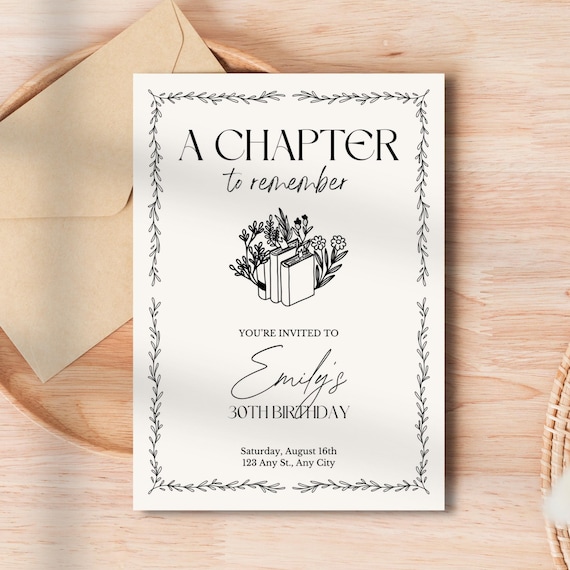 Minimalist Bookish Birthday Invitation Template | Editable 30th Book Theme Boho Party | Minimal Whimsical Digital Invite | Instant Download