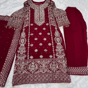 Rani Color Dhoti Salwar Kameez With Heavy Embroidery Work For Women, Ready To Wear Stitched Salwar Suit, Indian Wedding Suits