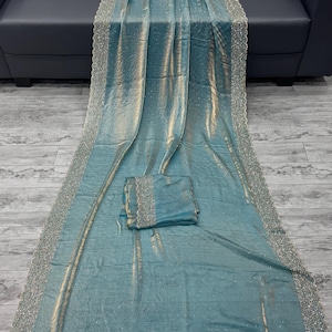Sky Blue Space Silk Saree: Jarkhan Work Designer Sari