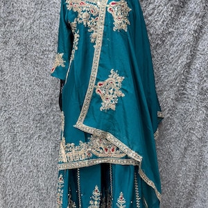 Teal Chinon Sharara Suit: Embroidered Indian Wedding Salwar Kameez