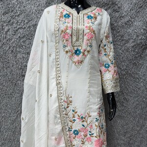 Embroidered Chinon Silk Sharara Suit: Indian Wedding Salwar Kameez