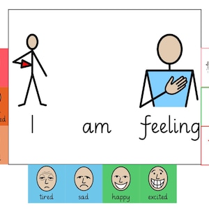 May include: A visual aid for expressing emotions. The image features stick figures and facial expressions representing feelings like angry, frustrated, worried, tired, sad, happy, and excited. Text includes "I am feeling" and "yes" and "no".