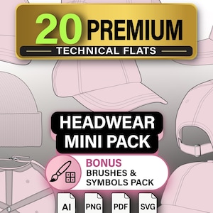 Puede incluir: Una colección digital de 20 diseños técnicos planos que muestran varias gorras de béisbol de color rosa claro y un gorro. La imagen incluye los textos 20 PREMIUM TECHNICAL FLATS, HEADWEAR MINI PACK, BONUS BRUSHES & SYMBOLS PACK e iconos AI, PNG, PDF, SVG.