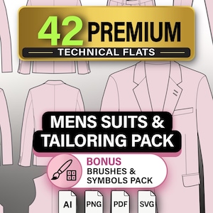 Op de afbeelding: Een digitale collectie van 42 premium technische ontwerpen met lichtroze colberts, broeken en gilets. De afbeelding bevat de tekst 42 PREMIUM TECHNICAL FLATS, MENS SUITS & TAILORING PACK, BONUS BRUSHES & SYMBOLS PACK, AI, PNG, PDF, SVG.