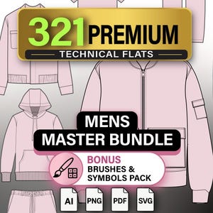 May include: A digital collection of light pink technical fashion sketches featuring various garments including jackets, hoodies, and trousers. The image displays the text 321 PREMIUM TECHNICAL FLATS MENS MASTER BUNDLE and includes icons for AI, PNG, PDF, and SVG file formats.
