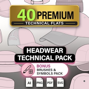 May include: A digital collection of 40 premium technical flats featuring various light pink headwear designs including baseball caps, bucket hats, and earflap caps. The image includes text labels 40 PREMIUM TECHNICAL FLATS, HEADWEAR TECHNICAL PACK, BONUS BRUSHES & SYMBOLS PACK, and file format icons AI, PNG, PDF, and SVG.