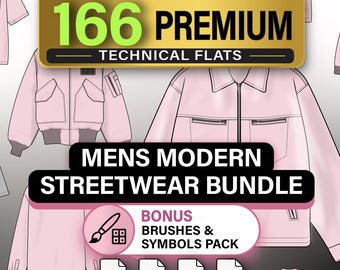 Mens Streetwear Mockup Bundle | 166 Technical Flats & Fashion Templates for Illustrator, Procreate