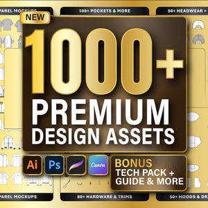 Może przedstawiać: Cyfrowa grafika z tekstem 1000+ PREMIUM DESIGN ASSETS oraz etykietą NEW. Obraz przedstawia różne szablony odzieży, kieszeni, nakryć głowy i obuwia w kolorze żółtym i czarnym, wraz z ikonami programów Adobe Illustrator, Photoshop, Procreate oraz Canva.