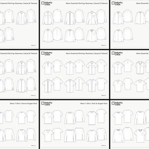May include: A collection of nine digital technical drawing sheets displaying various shirt, t-shirt, tank, and singlet designs. Each sheet features black and white line art illustrations of front and back views, labeled Industry CADs with descriptive titles.