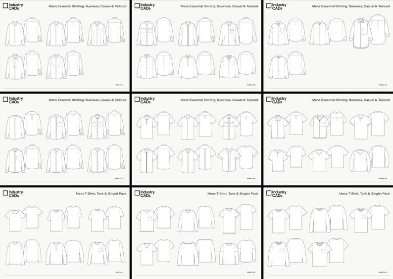 May include: A collection of nine digital technical drawing sheets displaying various shirt, t-shirt, tank, and singlet designs. Each sheet features black and white line art illustrations of front and back views, labeled Industry CADs with descriptive titles.