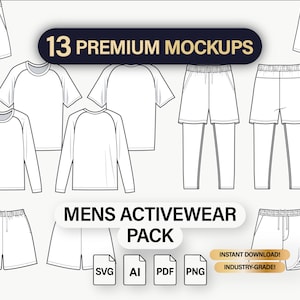 Può includere: Una collezione di 13 mockup premium per abbigliamento sportivo da uomo, tra cui pantaloncini, t-shirt e maglie a maniche lunghe. I design sono in bianco e nero, con il testo "13 PREMIUM MOCKUPS" e "MENS ACTIVEWEAR PACK".