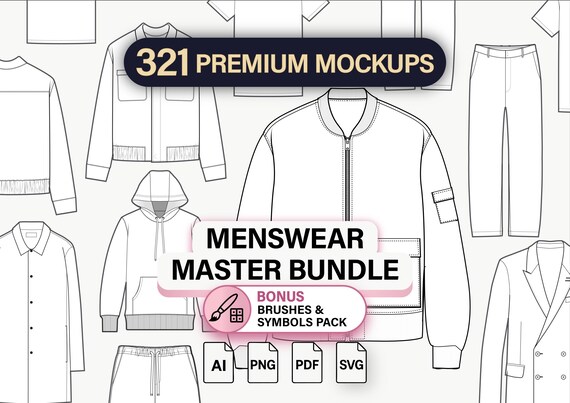 Mens Fashion Mockup Bundle -  321 Vector Flat Sketches (ai, svg, pdf, png)