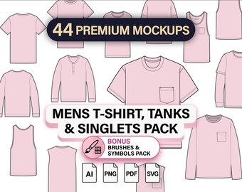 Mens T-Shirt, Tank, Singlet CAD Mockup Pack: Vector Fashion Flat Sketches for Illustrator, Procreate