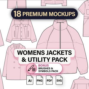 Puede incluir: Una colección digital de 18 maquetas premium con diseños de ropa en color rosa claro, incluyendo chaquetas, monos y abrigos. El texto dice 18 PREMIUM MOCKUPS, WOMENS JACKETS & UTILITY PACK y BONUS BRUSHES & SYMBOLS PACK con iconos AI, PNG, PDF, SVG.