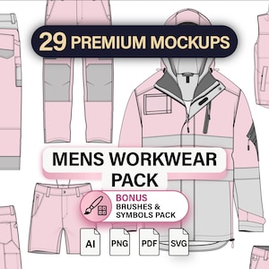 Könnte beinhalten: Eine digitale Sammlung von 29 Premium-Mockups mit rosa und grauer Arbeitskleidung, darunter Hosen, eine Kapuzenjacke, eine Weste und ein Pullover mit Reißverschluss. Der Text lautet 29 PREMIUM MOCKUPS, MENS WORKWEAR PACK und BONUS BRUSHES & SYMBOLS PACK.