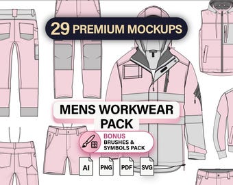 Mens Workwear Vector Fashion Mockups – Safety CAD Flat Sketches (ai, png, pdf, svg)