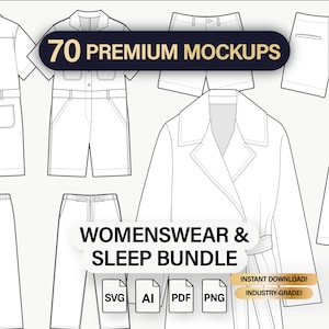 Puede incluir: Dibujos lineales de varias prendas de vestir para mujer, incluyendo pantalones cortos, pantalones, un abrigo y una camisa abotonada. La imagen incluye el texto "70 PREMIUM MOCKUPS" y "WOMENSWEAR & SLEEP BUNDLE". Iconos de tipo de archivo SVG, AI, PDF y PNG.