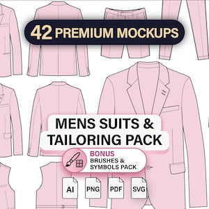Può includere: Una collezione di design digitale con 42 mockup premium di abiti ed elementi di sartoria in rosa chiaro. Il testo recita 42 PREMIUM MOCKUPS, MENS SUITS & TAILORING PACK e BONUS BRUSHES & SYMBOLS PACK, con icone di file AI, PNG, PDF e SVG.