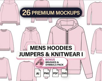 Mens Hoodies Jumpers Knitwear CAD Mockups – Vector Fashion Flats (26 Files)