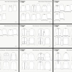 May include: A collection of nine technical fashion design sheets labeled Industry CADs, featuring black and white line drawings of various apparel including t-shirts, tank tops, hoodies, sweatshirts, fleece garments, and technical outerwear jackets.