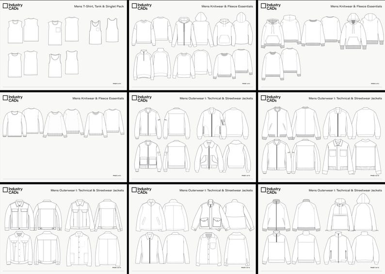 May include: A collection of nine technical fashion design sheets labeled Industry CADs, featuring black and white line drawings of various apparel including t-shirts, tank tops, hoodies, sweatshirts, fleece garments, and technical outerwear jackets.