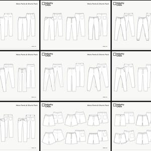 May include: A collection of nine digital technical sketches showing various pants and shorts designs. Each panel features black line drawings of front and back views of garments, labeled Industry CADs and Mens Pants & Shorts Pack at the top.