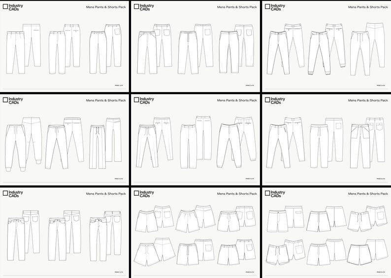 May include: A collection of nine digital technical sketches showing various pants and shorts designs. Each panel features black line drawings of front and back views of garments, labeled Industry CADs and Mens Pants & Shorts Pack at the top.