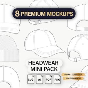 May include: Line drawings of various headwear items, including baseball caps and a beanie, are displayed. The image includes the text "8 PREMIUM MOCKUPS" and "HEADWEAR MINI PACK". The image also includes the text "INSTANT DOWNLOAD!" and "INDUSTRY-GRADE!"