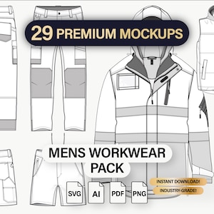 May include: A collection of workwear mockups, including pants, shorts, a hooded jacket, and a vest. The image features the text "29 PREMIUM MOCKUPS" and "MENS WORKWEAR PACK". File formats include SVG, AI, PDF, and PNG. The text "INSTANT DOWNLOAD!" and "INDUSTRY-GRADE!" are also present.