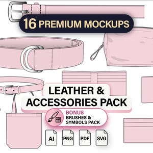 May include: A digital collection of 16 premium light pink leather accessories mockups including belts, a pouch, a wallet, and a card holder. The image features the text 16 PREMIUM MOCKUPS, LEATHER & ACCESSORIES PACK, and BONUS BRUSHES & SYMBOLS PACK.