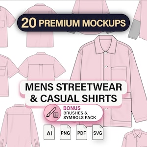 Könnte beinhalten: Eine Sammlung von 20 Premium-Mockups mit verschiedenen hellrosa Hemden mit Kragen, Knöpfen und Taschen. Der Text lautet 20 PREMIUM MOCKUPS, MENS STREETWEAR & CASUAL SHIRTS, BONUS BRUSHES & SYMBOLS PACK, AI, PNG, PDF und SVG.